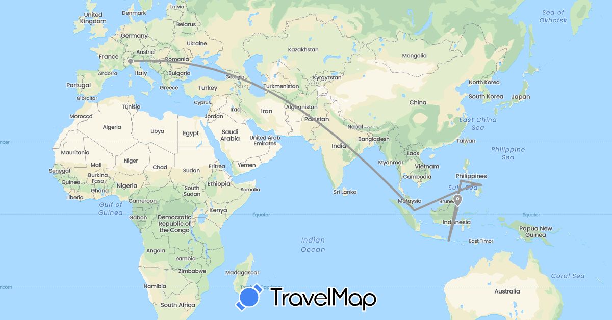 TravelMap itinerary: driving, plane in Indonesia, Italy, Philippines, Singapore (Asia, Europe)